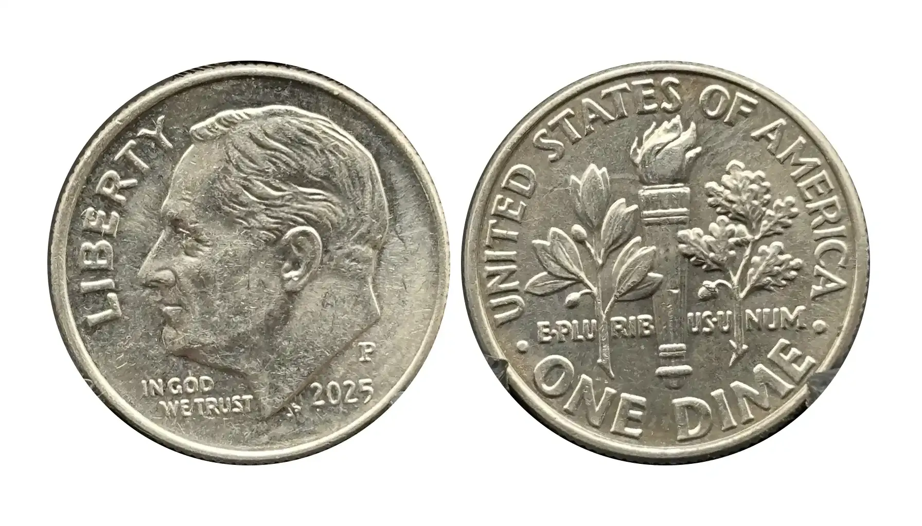 Side-by-side comparison of 2025 Roosevelt dime torch bands — non-Full Bands (left) vs Full Bands FB designation (right)