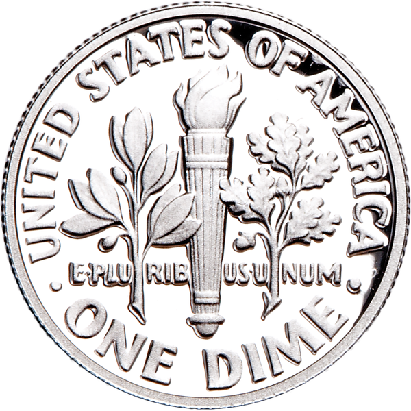 Close-up of 2025 Roosevelt dime torch showing Full Bands (FB) designation — fully separated upper and lower horizontal band pairs