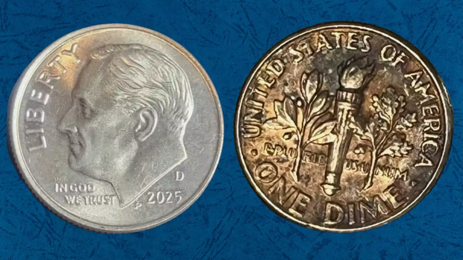 2025 Roosevelt dime missing clad layer error showing exposed copper core on one side contrasting with normal clad surface