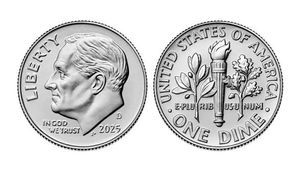 2025 Roosevelt dime grading strip showing four condition tiers from worn circulated to gem uncirculated MS68